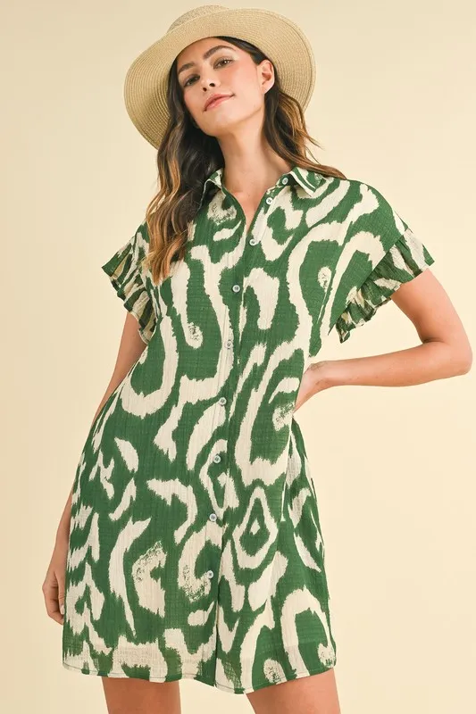 Alternative view of Abstract Printed Frill Sleeve Shirt Mini Dress - Green