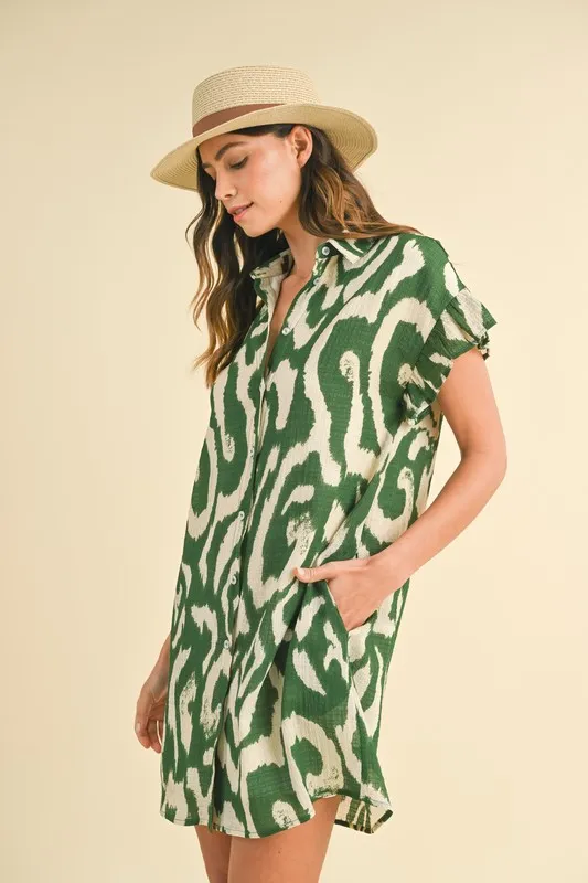 Abstract Printed Frill Sleeve Shirt Mini Dress - Green - Image 3