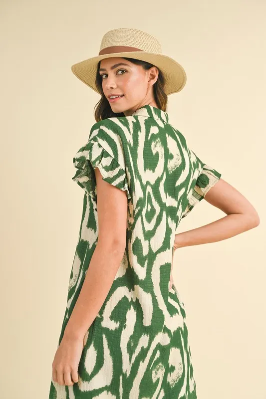 Abstract Printed Frill Sleeve Shirt Mini Dress - Green - Image 4