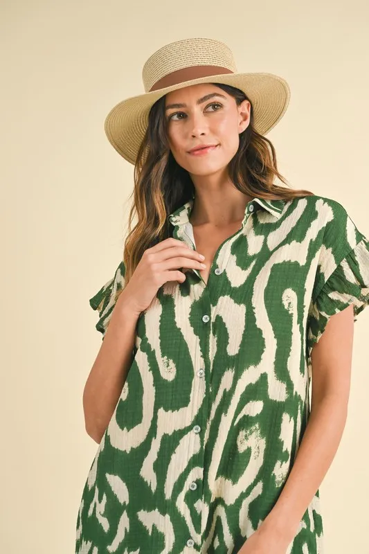 Abstract Printed Frill Sleeve Shirt Mini Dress - Green - Image 5