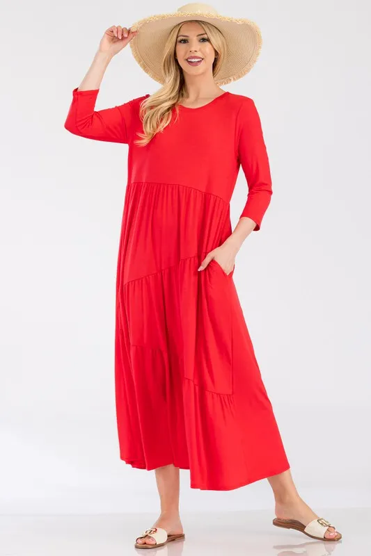 Alternative view of Asymmetric Tiered Midi-Dress - Dk Coral