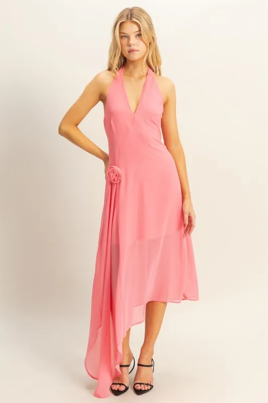 Alternative view of Chiffon Halter Asymmetrical Hem Dress - Rose