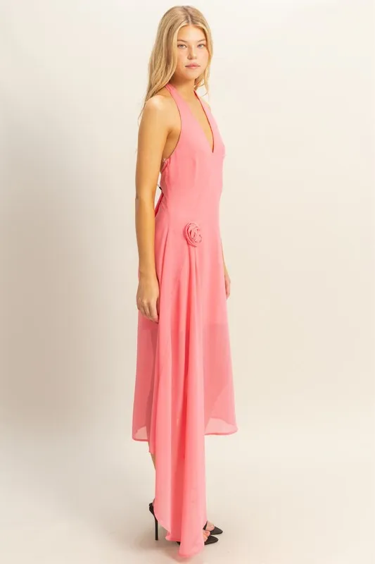Chiffon Halter Asymmetrical Hem Dress - Rose - Image 3
