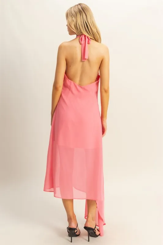 Chiffon Halter Asymmetrical Hem Dress - Rose - Image 4