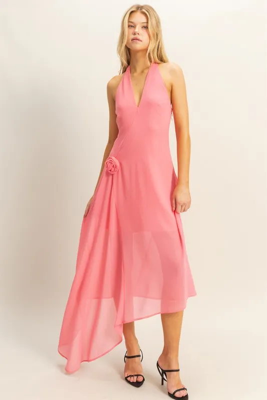 Chiffon Halter Asymmetrical Hem Dress - Rose - Image 5