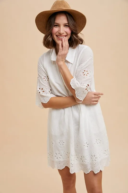 Alternative view of Embroidered Scallop Edge Detail Mini Shirt Dress - Ivory