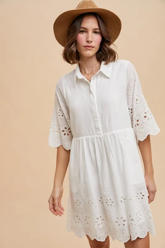 Embroidered Scallop Edge Detail Mini Shirt Dress - Ivory - Image 3