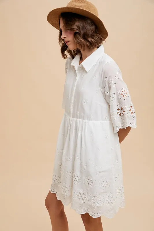 Embroidered Scallop Edge Detail Mini Shirt Dress - Ivory - Image 4