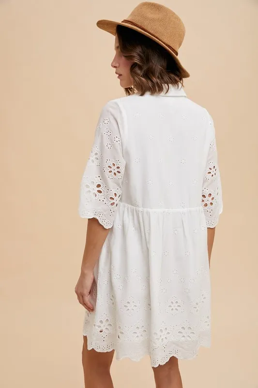 Embroidered Scallop Edge Detail Mini Shirt Dress - Ivory - Image 5
