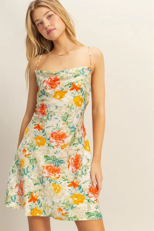 Alternative view of Floral Cowl Neck Flirty Satin Mini Dress - Apple Green