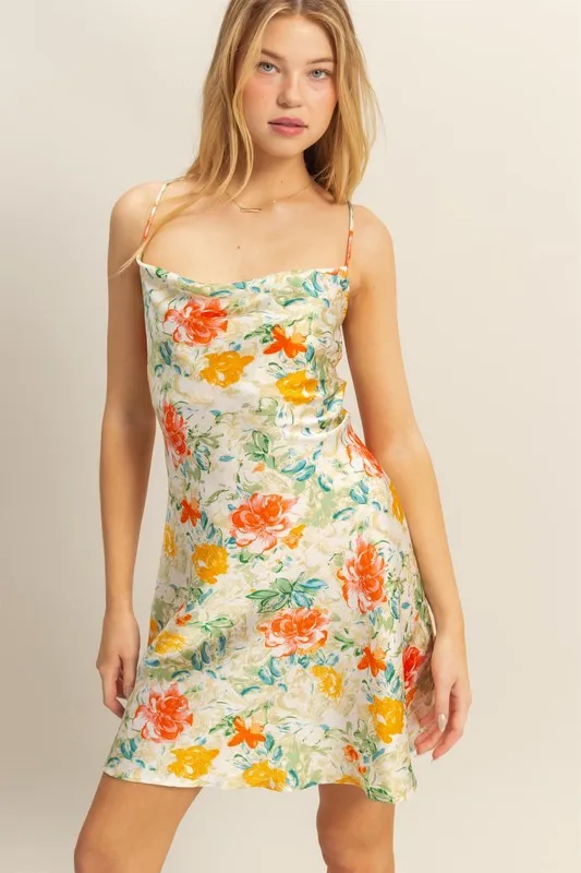 Floral Cowl Neck Flirty Satin Mini Dress - Apple Green - Image 3