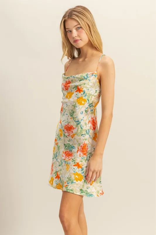 Floral Cowl Neck Flirty Satin Mini Dress - Apple Green - Image 4