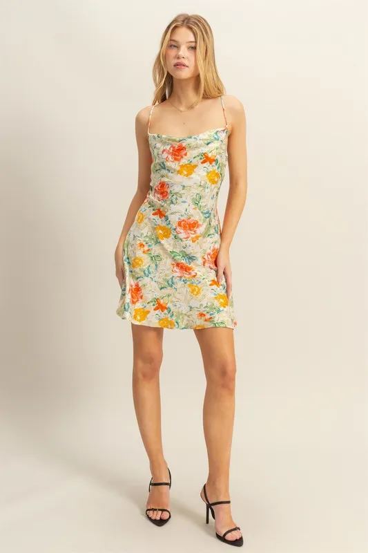 Floral Cowl Neck Flirty Satin Mini Dress - Apple Green - Image 5