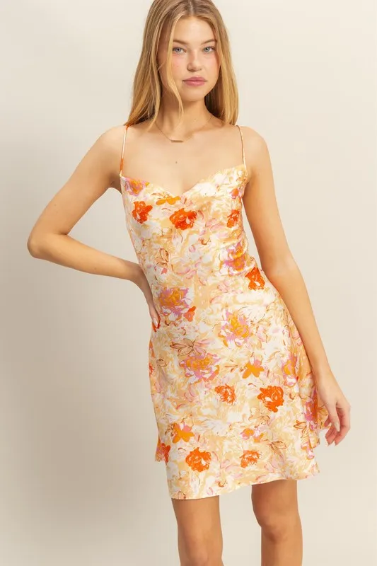Alternative view of Floral Cowl Neck Flirty Satin Mini Dress - Orange