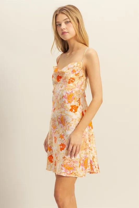 Floral Cowl Neck Flirty Satin Mini Dress - Orange - Image 3
