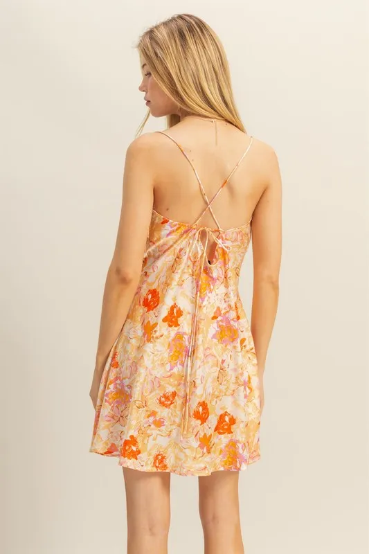 Floral Cowl Neck Flirty Satin Mini Dress - Orange - Image 4