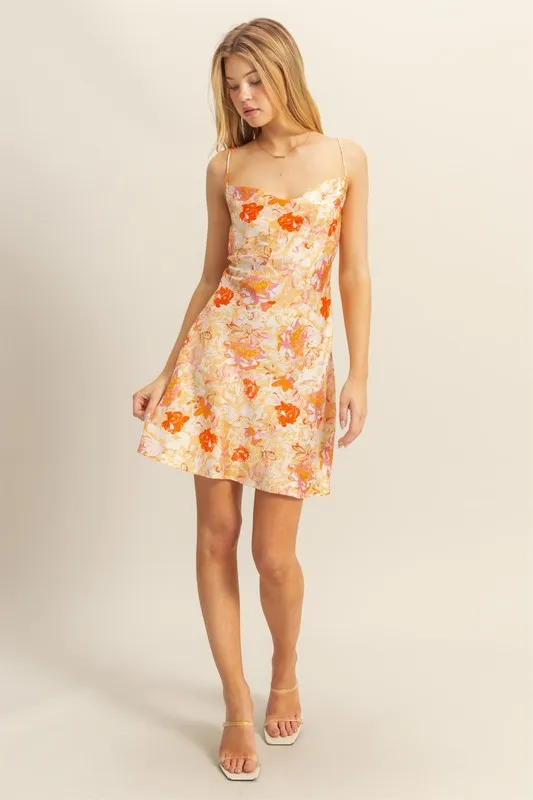 Floral Cowl Neck Flirty Satin Mini Dress - Orange - Image 5
