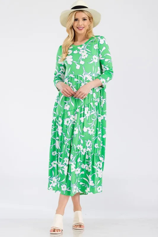 Alternative view of Full Size Floral Print Asymmetric Tiered Midi-Dress Plus Size - Green Floral