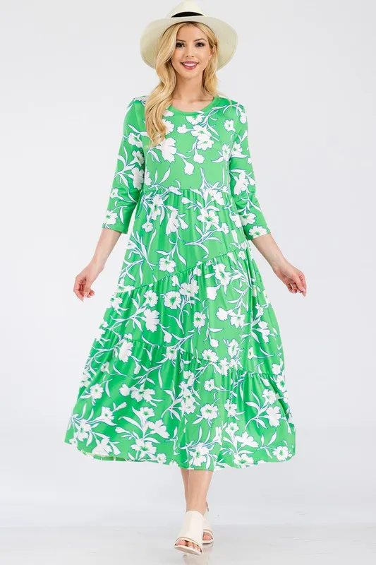 Full Size Floral Print Asymmetric Tiered Midi-Dress Plus Size - Green Floral - Image 3