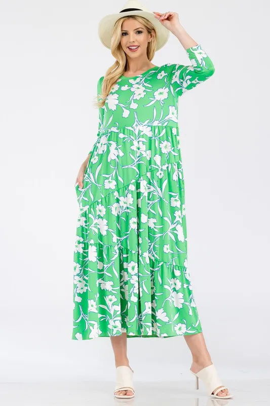 Full Size Floral Print Asymmetric Tiered Midi-Dress Plus Size - Green Floral - Image 4