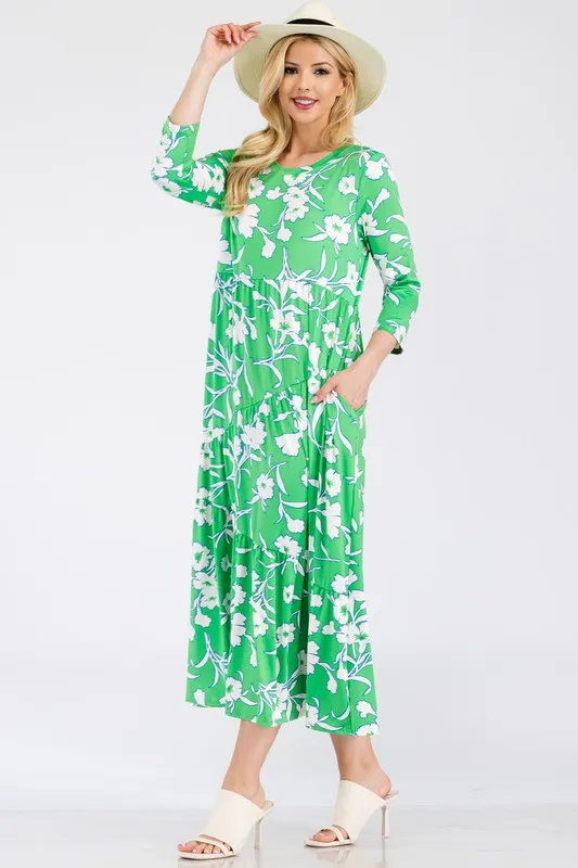Full Size Floral Print Asymmetric Tiered Midi-Dress Plus Size - Green Floral - Image 5