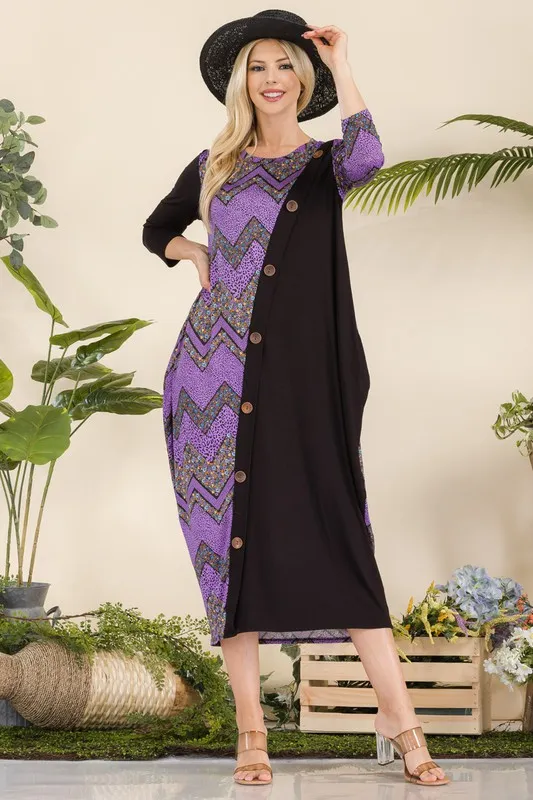 Alternative view of Full Size Geo Print Paneled Dress with Buttons Plus Size - Lilac Geometric