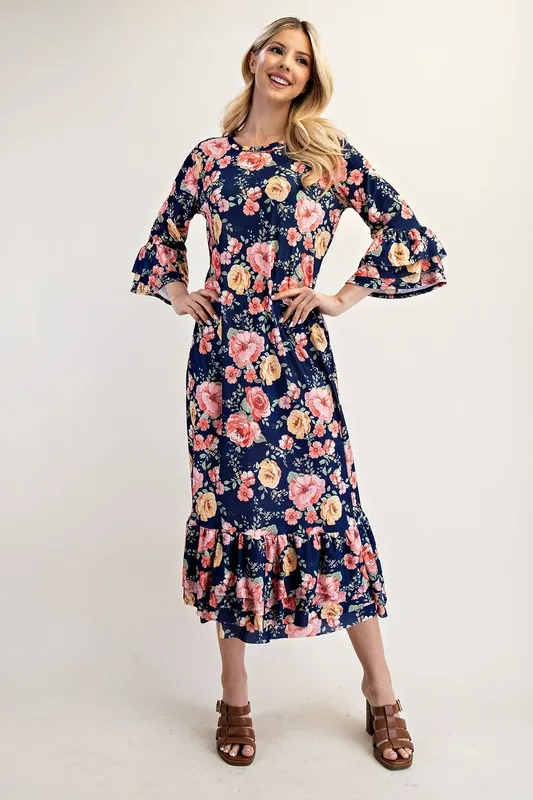 Alternative view of Full Size Soft Floral Ruffle Trim Dress Plus Size - Navy Floral