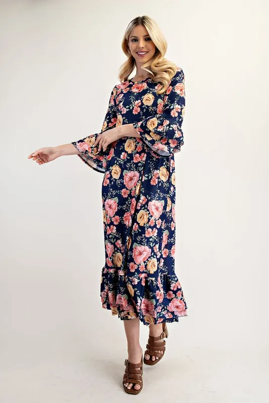 Full Size Soft Floral Ruffle Trim Dress Plus Size - Navy Floral - Image 3