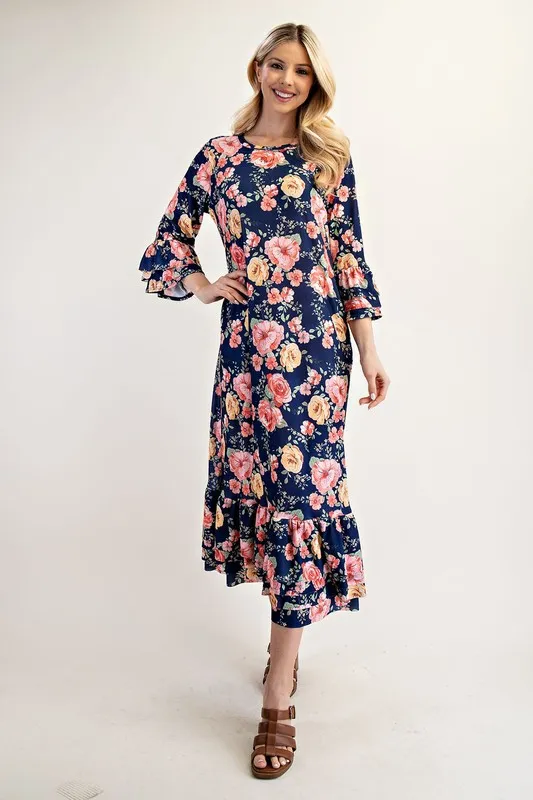 Full Size Soft Floral Ruffle Trim Dress Plus Size - Navy Floral - Image 4