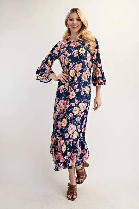 Full Size Soft Floral Ruffle Trim Dress Plus Size - Navy Floral - Image 5