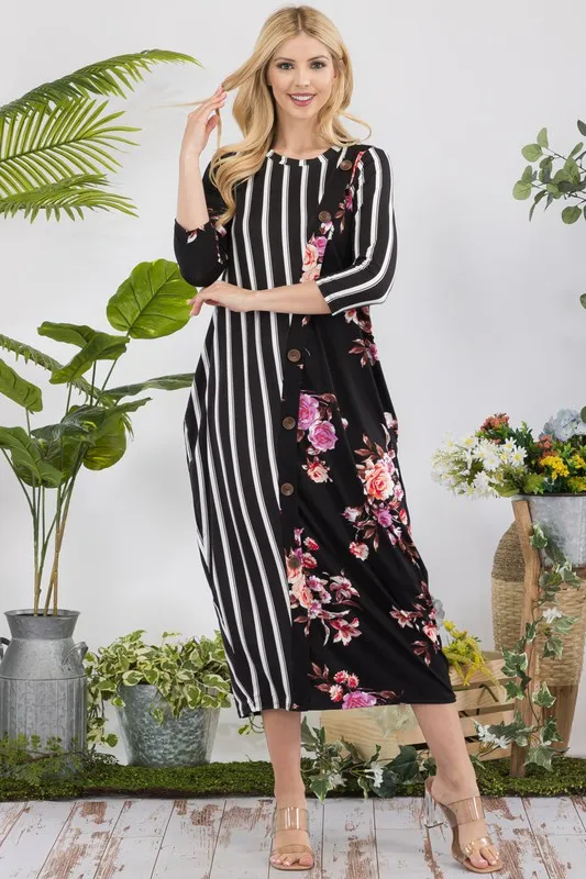 Alternative view of Full Size Stripe Floral Contrast Midi-Dress with Buttons Plus Size - Black Floral/Stripe