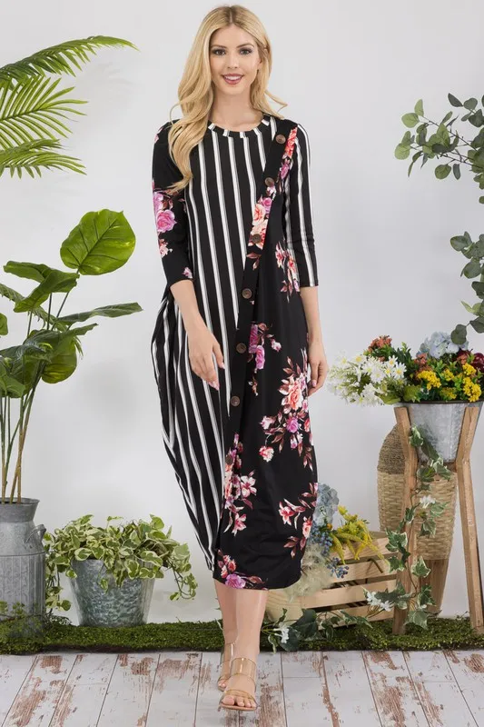 Full Size Stripe Floral Contrast Midi-Dress with Buttons Plus Size - Black Floral/Stripe - Image 3