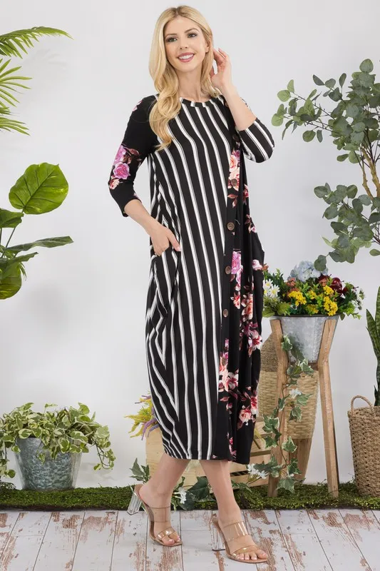 Full Size Stripe Floral Contrast Midi-Dress with Buttons Plus Size - Black Floral/Stripe - Image 4