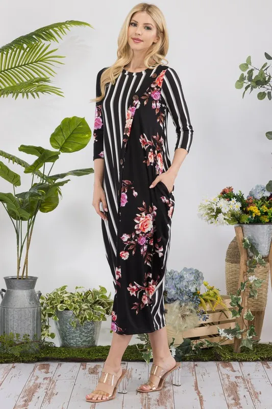 Full Size Stripe Floral Contrast Midi-Dress with Buttons Plus Size - Black Floral/Stripe - Image 5