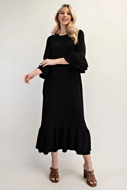 Alternative view of Full Size Textured Ruffle Hem Modest Dress Plus Size - Black