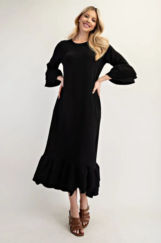 Full Size Textured Ruffle Hem Modest Dress Plus Size - Black - Image 3