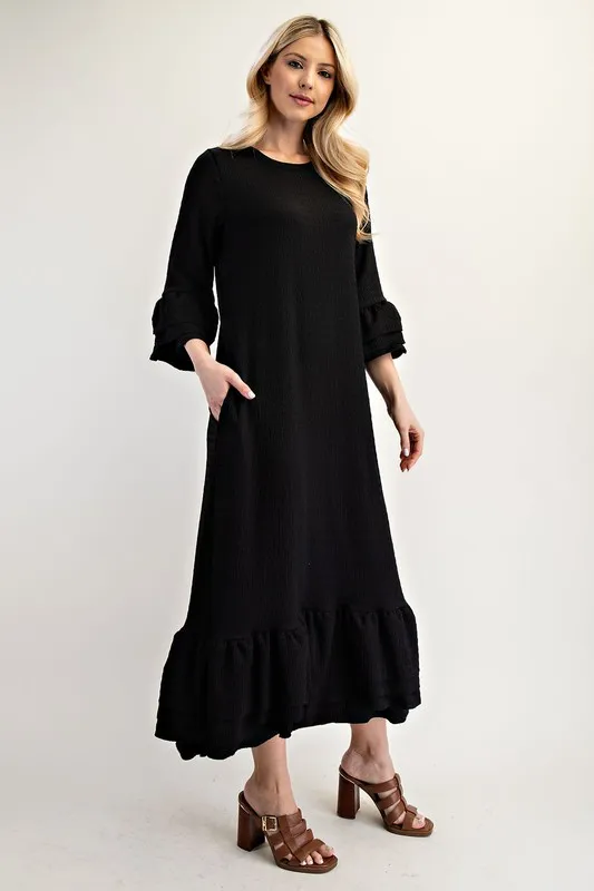 Full Size Textured Ruffle Hem Modest Dress Plus Size - Black - Image 4