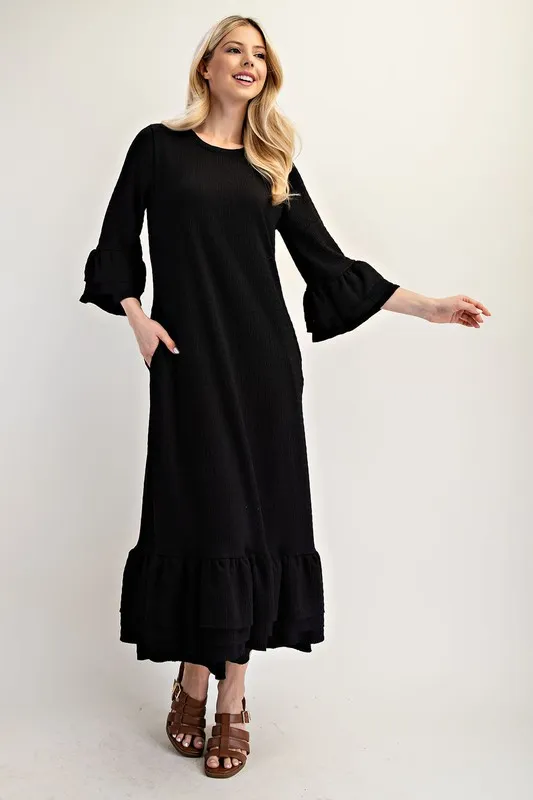 Full Size Textured Ruffle Hem Modest Dress Plus Size - Black - Image 5