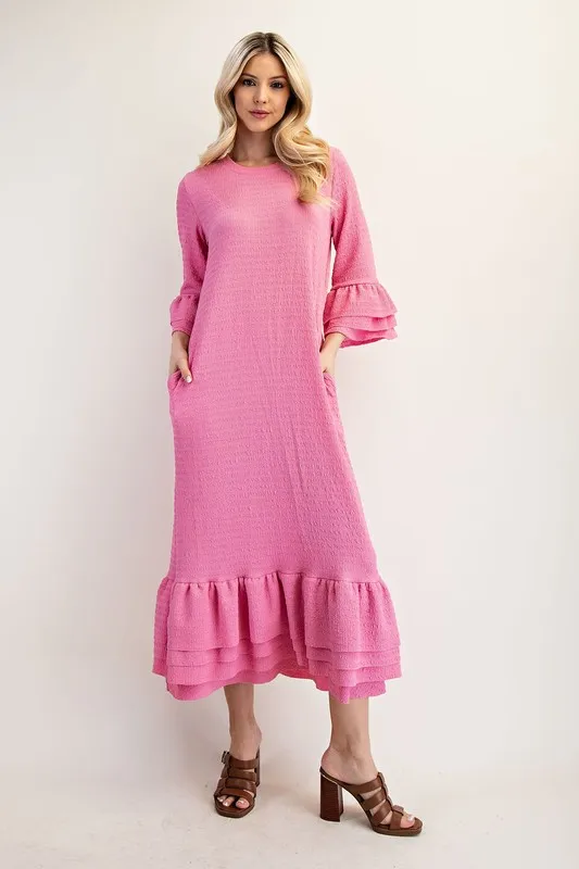 Full Size Textured Ruffle Hem Modest Dress Plus Size - Pink - Image 4