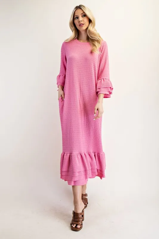 Full Size Textured Ruffle Hem Modest Dress Plus Size - Pink - Image 5