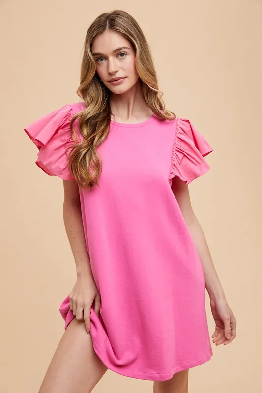 Alternative view of Round Neckline Ruffle Sleeve Relaxed Knit Dress - Hot Pink