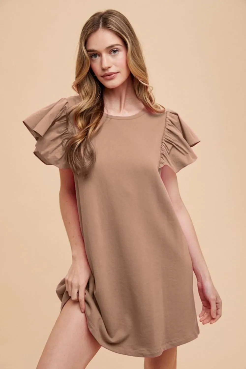 Round Neckline Ruffle Sleeve Relaxed Knit Dress - Latte