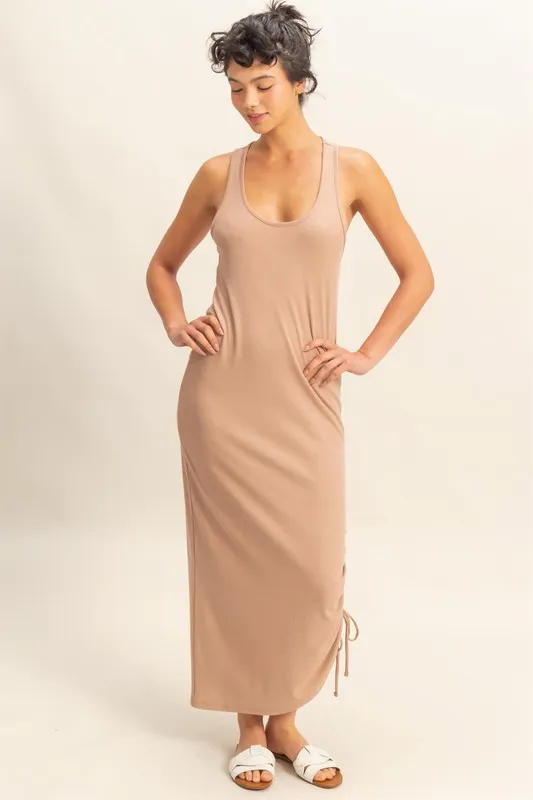 Scoop Neck Side Tie Detail Midi Dress - Dark Taupe - Image 3