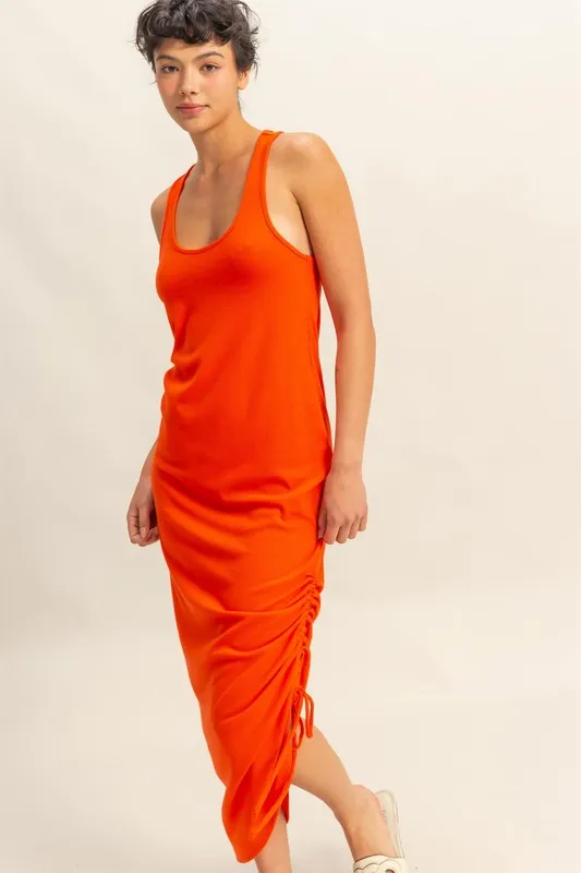 Scoop Neck Side Tie Detail Midi Dress - Tomato - Image 3