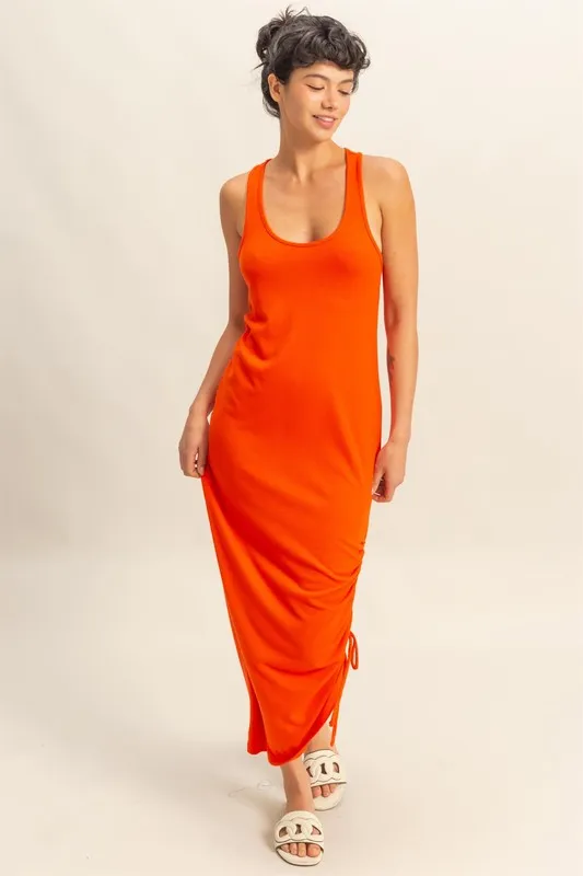 Scoop Neck Side Tie Detail Midi Dress - Tomato - Image 4