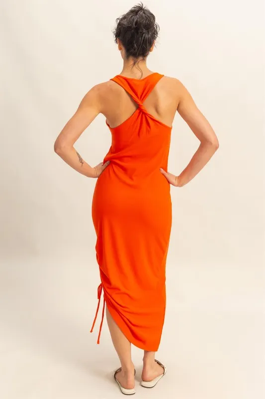 Scoop Neck Side Tie Detail Midi Dress - Tomato - Image 5