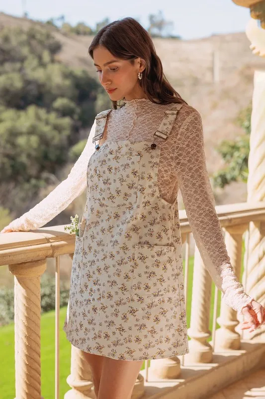 Stretch Ditsy Print Denim Overall Mini Dress - Ivory - Image 3