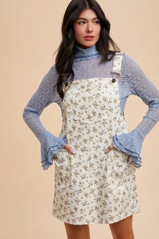 Stretch Ditsy Print Denim Overall Mini Dress - Ivory - Image 4