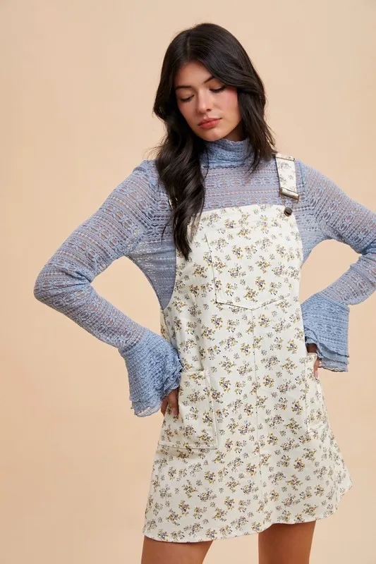 Stretch Ditsy Print Denim Overall Mini Dress - Ivory - Image 5